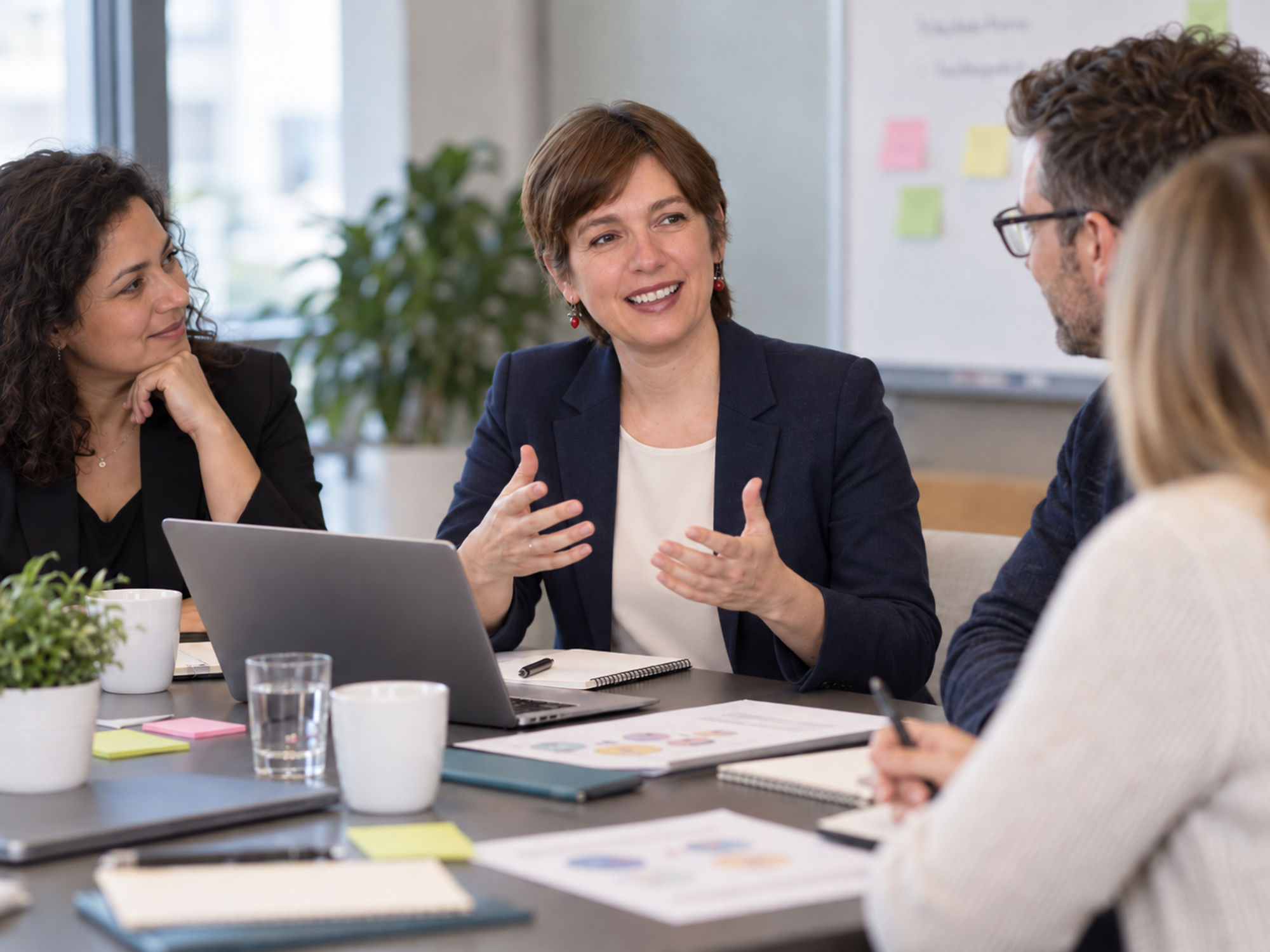 Adina Gray speaking with a small professional group around a table
