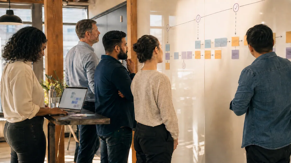 A team mapping an AI-supported workflow